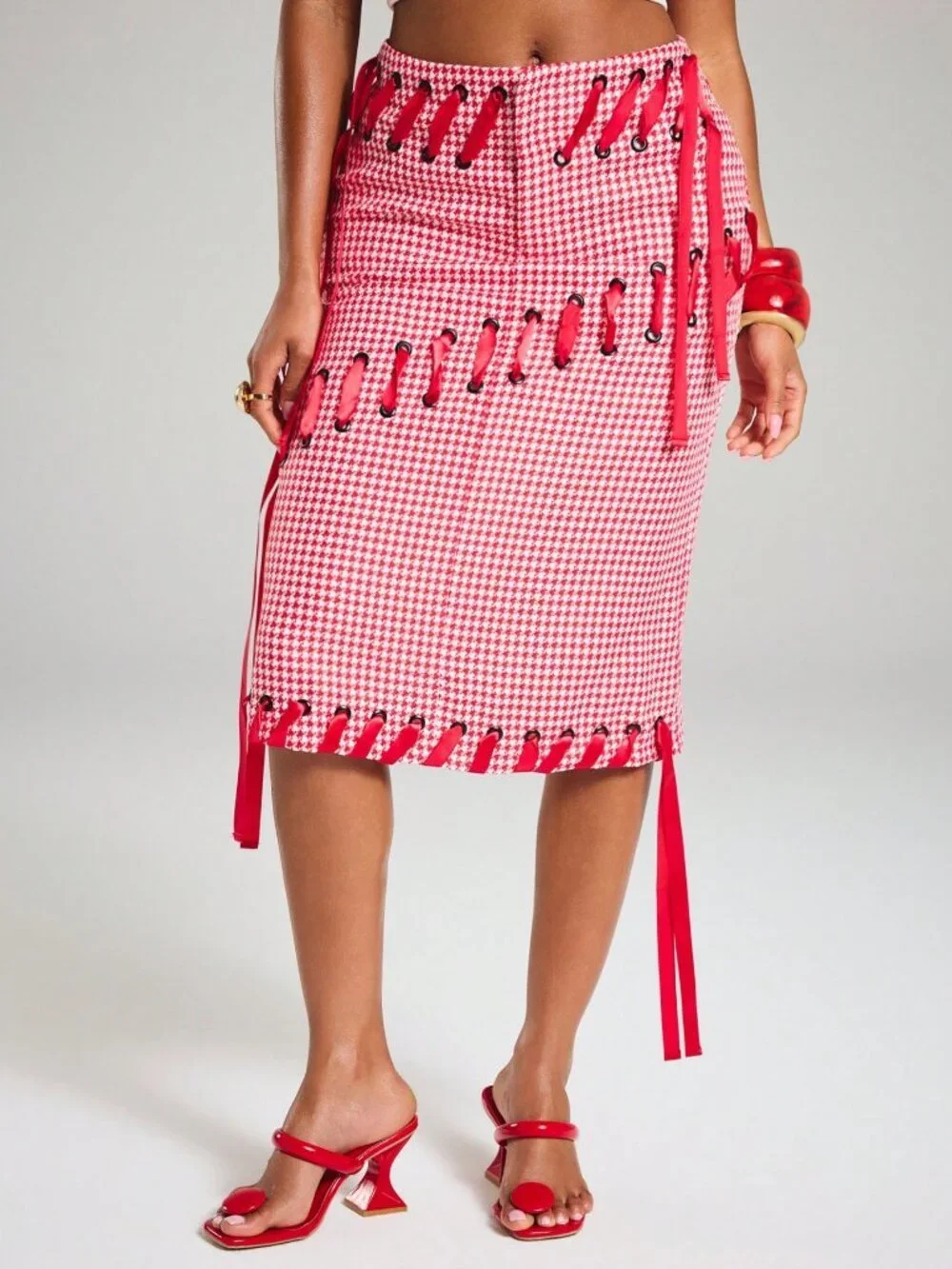 Red Casual Women's Lace Up Gingham Tweed Houndstooth Pencil Midi Skirt